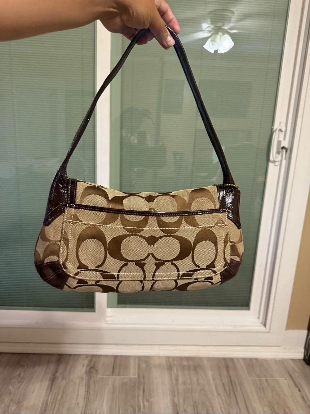 Coach Brown Signature Canvas Shoulder Bag with Gold Hardware